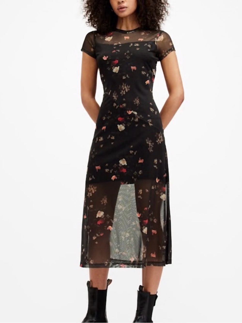 Allsaints Hanna Short Sleeve Mesh Kora Midi Dress Sz 8 dark floral romantic